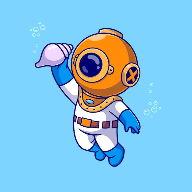 Cute Diver Holding Shell In Ocean Cartoon Vector Icon Illustration. Science Nature Icon Isolated