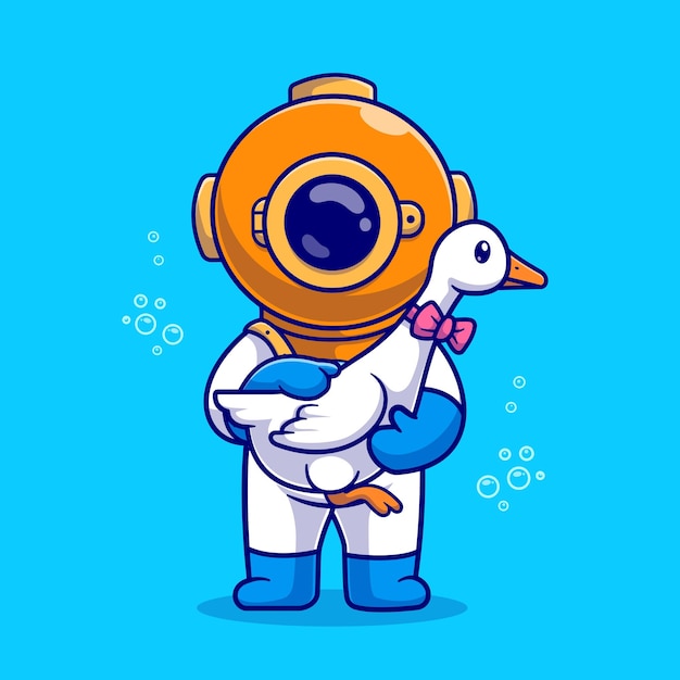 Cute Diver Holding Swan Duck Cartoon Vector Icon Illustration. Science Animal Icon Concept Isolated