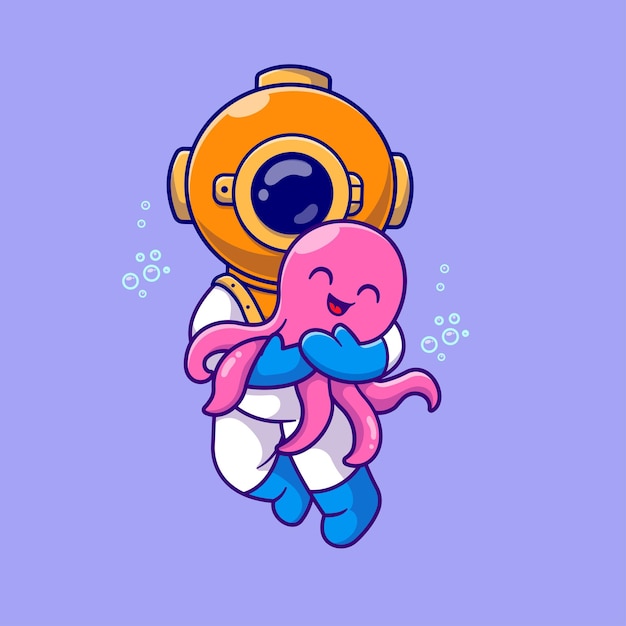 Free Vector cute diver hug octopus cartoon vector icon illustration science animal icon isolated flat vector