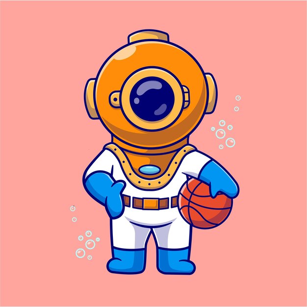 Cute Diver Playing Basket Ball Cartoon Vector Icon Illustration Science Sport Isolated Flat Vector