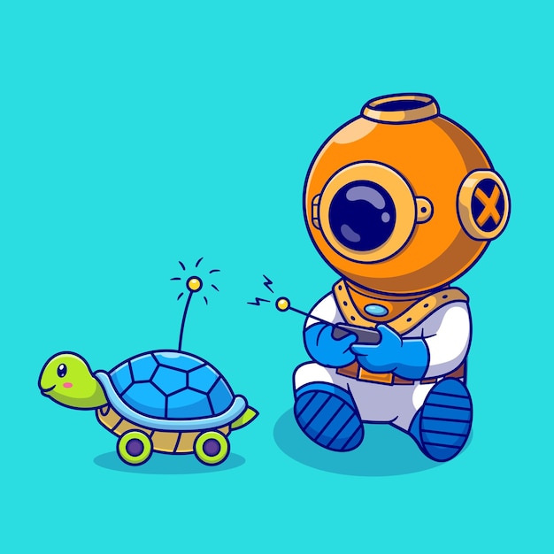 Free Vector cute diver playing turtle remote control cartoon vector icon illustration. science animal isolated