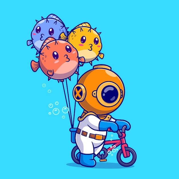 Free vector cute diver riding bike with puffer fish balloon in ocean cartoon vector icon illustration. science