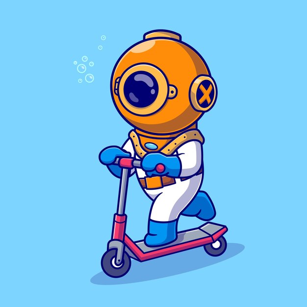 Cute Diver Riding Scooter Cartoon Vector Icon Illustration. Science Transportation Icon Isolated