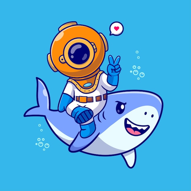 Free Vector cute diver riding shark cartoon vector icon illustration science animal icon concept isolated flat