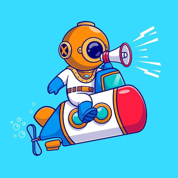 Cute Diver Riding Submarine In Ocean And Speaking On Megaphone Cartoon Vector Icon Illustration