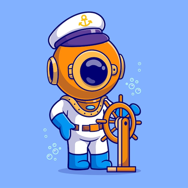 Free Vector cute diver sailor captain holding steering boat cartoon vector icon illustration science transport