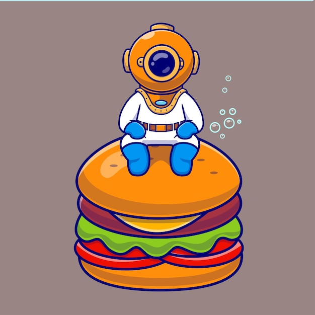 Free vector cute diver sitting on burger cartoon vector icon illustration science food icon isolated flat vector