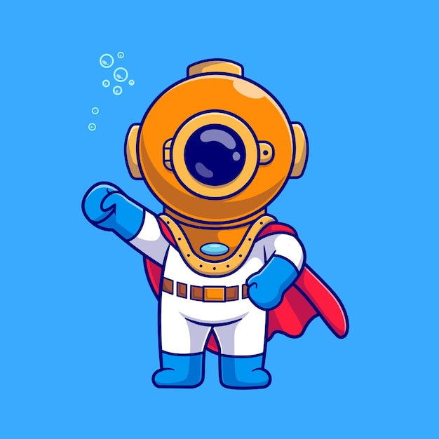 Cute Diver Super Hero Cartoon Vector Icon Illustration. Science Nature Icon Concept Isolated Premium