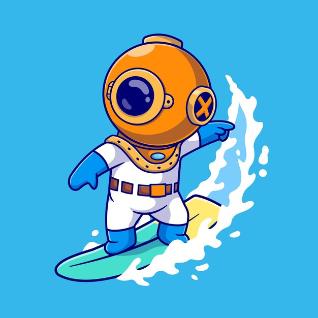 Cute Diver Surfing On Ocean Cartoon Vector Icon Illustration. Science Sport Icon Concept Isolated