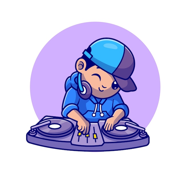 Cute DJ Playing Music Cartoon Vector Icon Illustration. People Music Icon Concept Isolated Premium Vector. Flat Cartoon Style