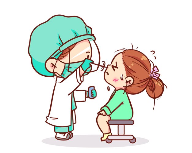 Cute doctor taking a nasal swab test for coronavirus character cartoon hand drawn art illustration