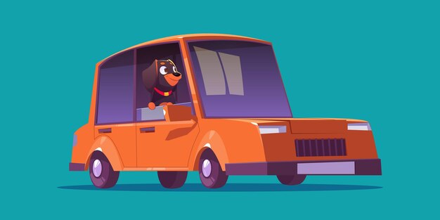 Cute dog character sitting in red car. Vector cartoon illustration of funny pet looks from vehicle open window. Happy puppy rottweiler in auto cabin isolated on background