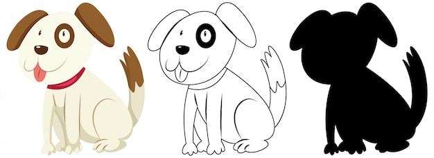 Free vector cute dog in colour and outline and silhouette