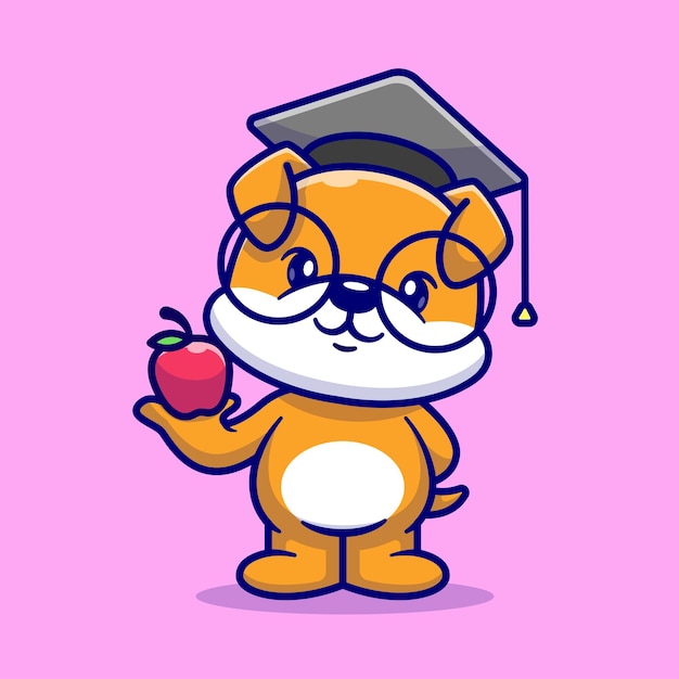 Cute Dog Holding Apple With Graduation Hat Cartoon Vector Icon Illustration Animal Education Icon