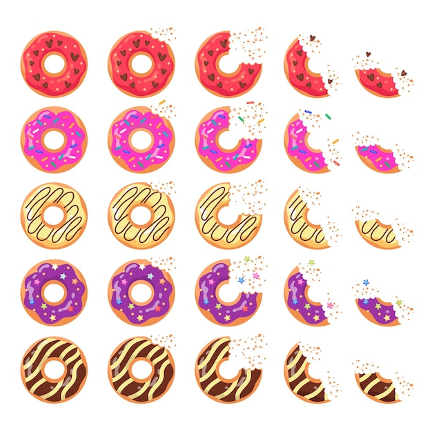 Free Vector cute donuts with different icing flat vector illustrations set. top view of strawberry and chocolate doughnuts, whole and eaten soft dough snacks on white background. food, bakery or cake shop concept