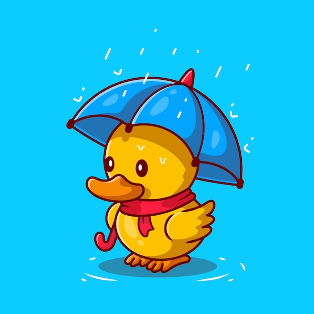 Cute Duck With Umbrella In the Rain Cartoon Icon Illustration