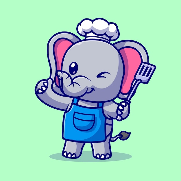 Free vector cute elephant chef holding spatula cartoon vector icon illustration. animal food icon isolated flat