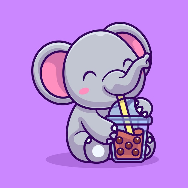 Free vector cute elephant drink boba milk tea cartoon vector icon illustration animal drink icon isolated