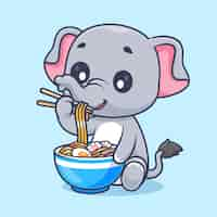 Free vector cute elephant eating ramen noodle with chopstick cartoon vector icon illustration animal food flat