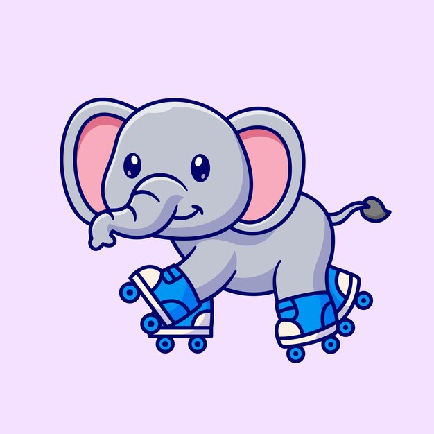 Cute Elephant Playing Roller Skate Cartoon Vector Icon Illustration. Animal Sport Icon Isolated Flat