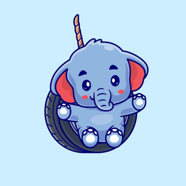 Cute Elephant Playing Tire Swing Cartoon Vector Icon Illustration Animal Holiday Icon Isolated Flat