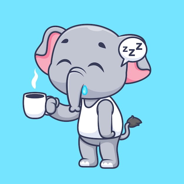 Free vector cute elephant sleepy holding coffee cartoon vector icon illustration animal drink isolated flat