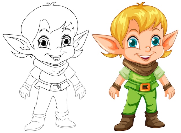 Free vector cute elf cartoon character outline for colouring