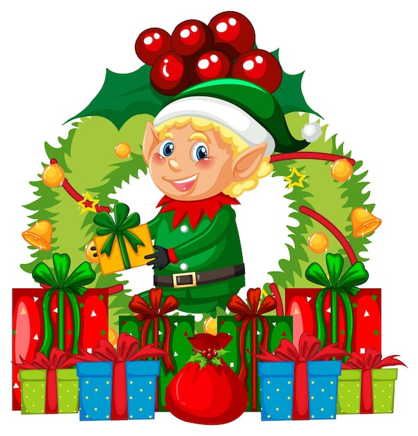 Free vector cute elf christmas wreath with many gift boxes