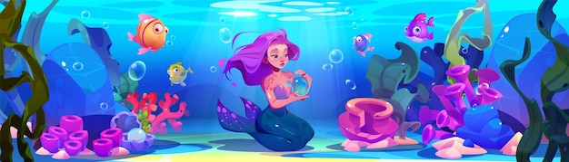 Free vector cute fairy mermaid on sea bottom play with bubble