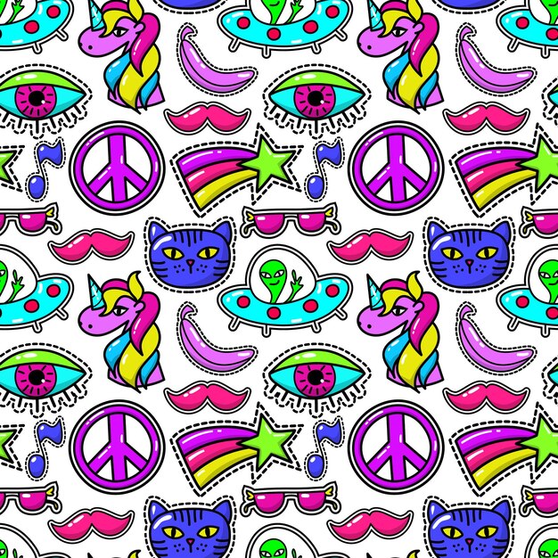 Cute fashioned patches seamless pattern with eye and pink mustache, sunglasses and rainbow star.