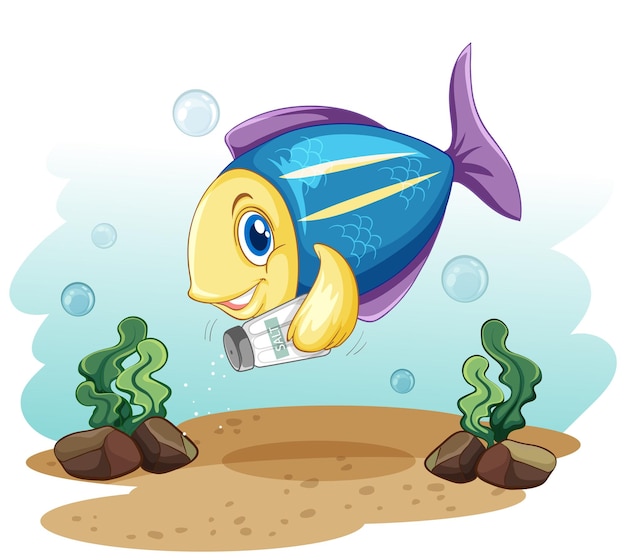 Cute fish cartoon character holding salt bottle