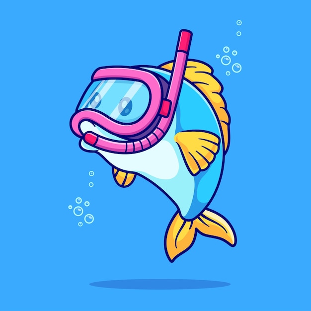 Free vector cute fish diver snorkeling in ocean cartoon vector icon illustration. animal nature icon isolated