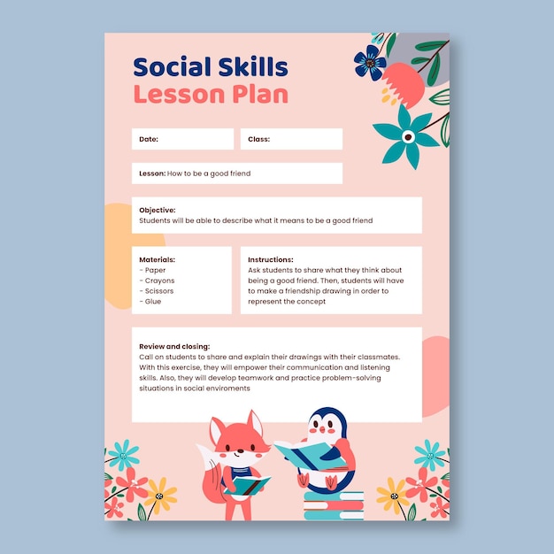 Free vector cute floral social skills pre-k lesson plan