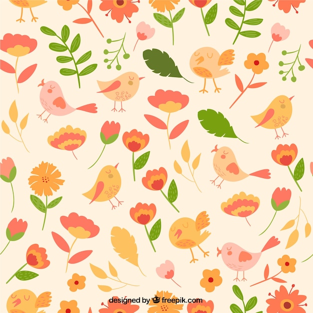 Free Vector cute flowers and birds pattern