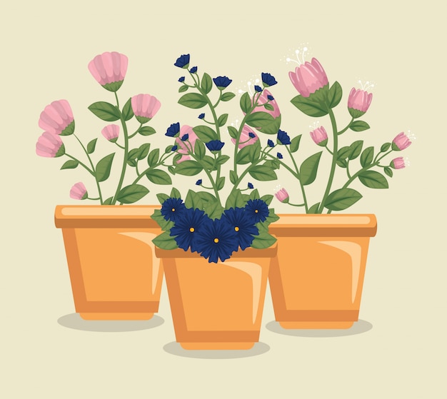 Free Vector cute flowers with leaves inside plant pot