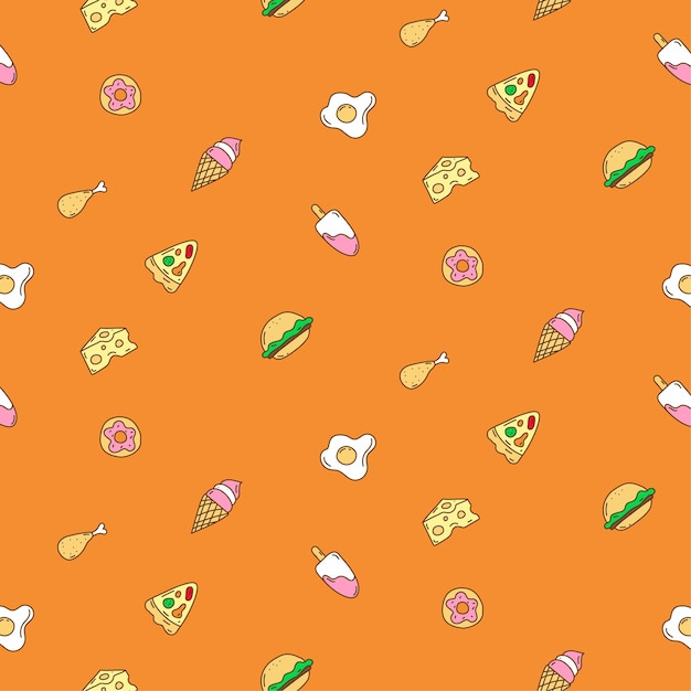 Cute Food Seamless Pattern on Orange Background