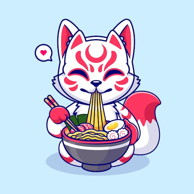 Free Vector cute fox kitsune eating ramen noodle cartoon vector icon illustration animal food isolated flat