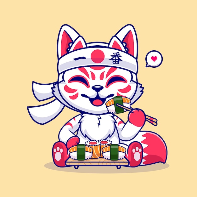 Free Vector cute fox kitsune eating sushi with chopstick cartoon vector icon illustration animal food isolated