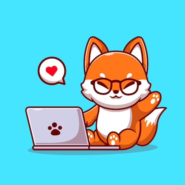 Cute Fox Operating Laptop Cartoon Illustration.