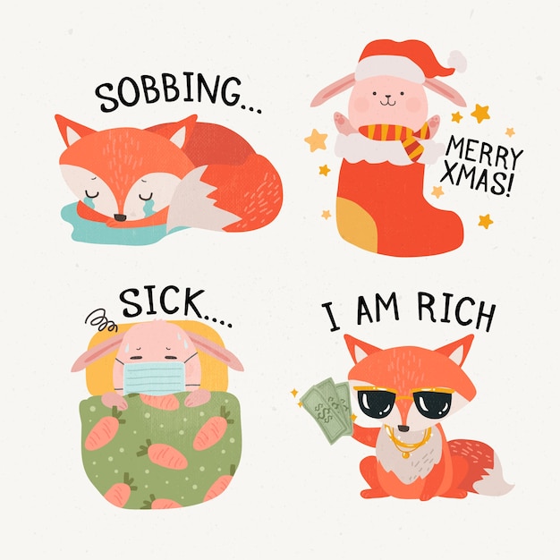 Free Vector cute fox and piglet cartoon stickers