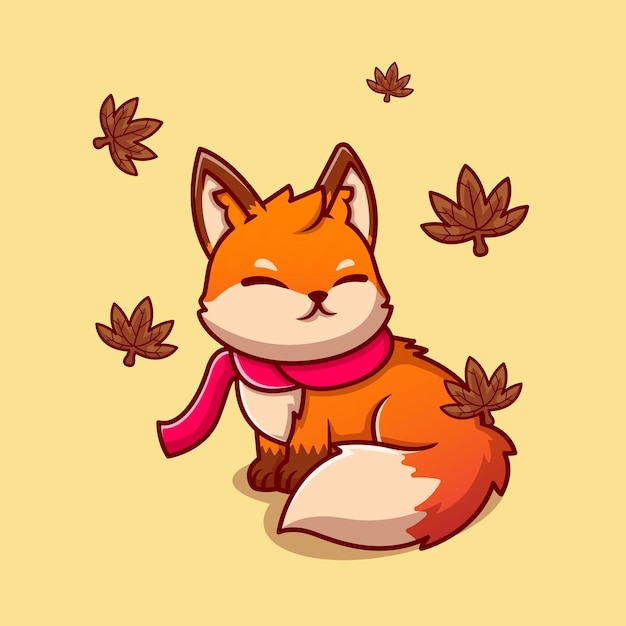 Cute Fox Sitting With Scarf In Autumn Cartoon   Icon Illustration. Animal Nature Icon   Isolated    . Flat Cartoon Style