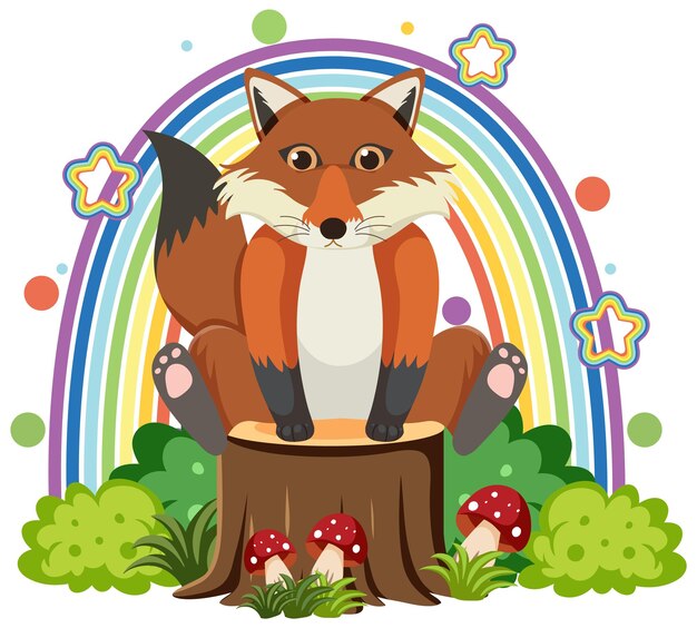 Cute fox on stump in flat cartoon style