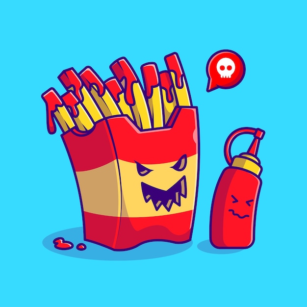 Free Vector cute french fries with sauce bottle cartoon vector icon illustration. food holiday icon isolated