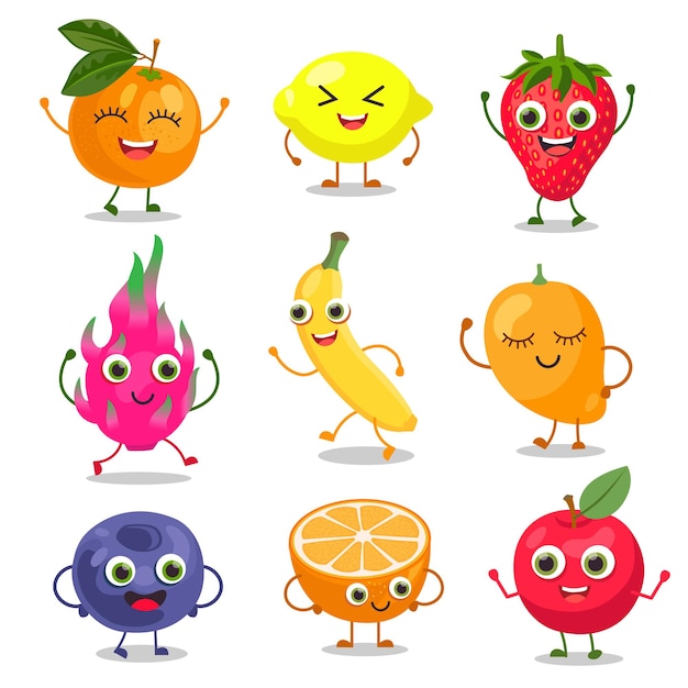 Free Vector cute fruit and berry cartoon characters illustrations set. comic stickers with funny caricatures of happy lemon, orange, mango, strawberry personages isolated on white