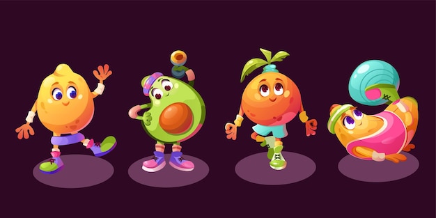 Free vector cute fruit yoga character do gym exercise vector funny food set with workout pose for athlete class lemon pilates avocado with dumbbell orange zen and banana training ball isolated wellness pack