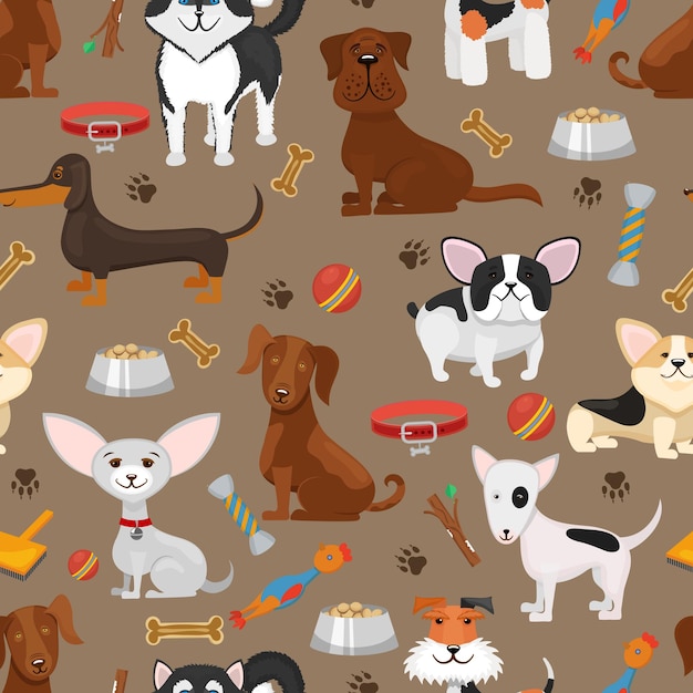 Free Vector cute funny dogs seamless pattern illustration. cartoon animal dog, background with pets puppy and dogs