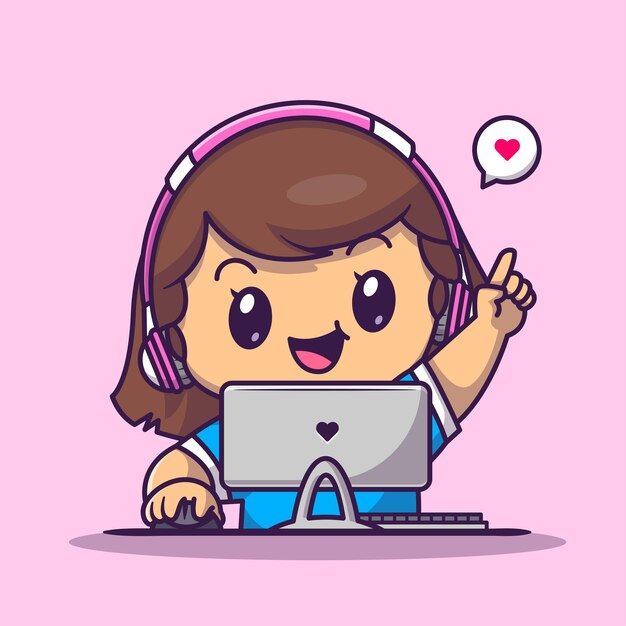 Cute Gamer Girl Playing Computer Cartoon Vector Icon Illustration. People Technology Icon Concept Isolated Premium Vector. Flat Cartoon Style