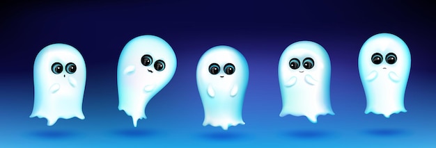 Cute ghost character with different emotions on blue background. Vector set of cartoon mascot, white phantom smiling, greeting, sad and surprised. Creative emoji set, funny spirit chatbot