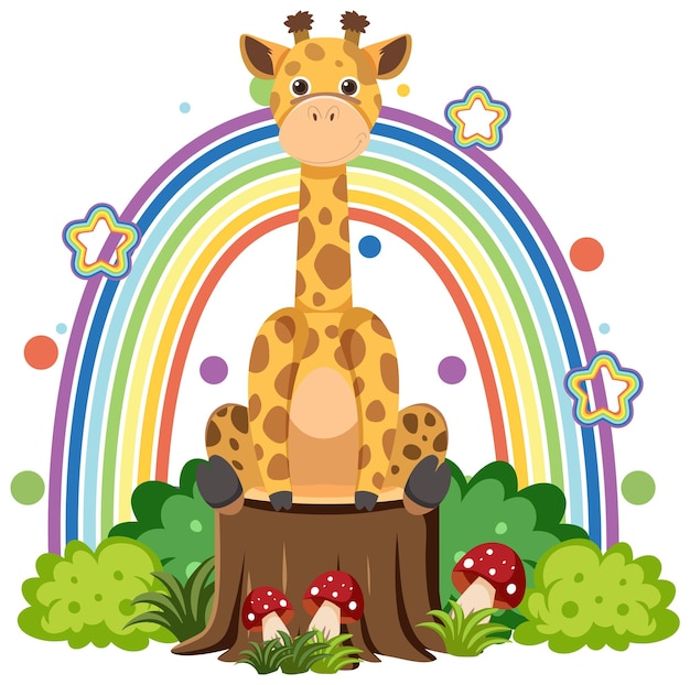 Cute giraffe on stump in flat cartoon style