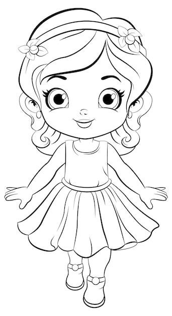 Cute Girl in Beautiful Dress Outline for Colouring